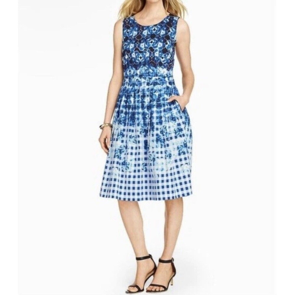 Talbots Blue Floral Ombre Gingham Plaid Printed Fit and Flare Pleated Dress 4